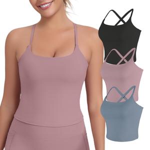 【Free 3-Day Shipping】2026 New Adjustable Straps Built-in Bra Tank Top - Cross Back VS Spaghetti Straps & Scoop Neck, Slim Cute Buttery Soft Thicker Fabric Longline Sports Bra with Built-in One-Piece Bra Pads Yoga Wear Fitness Yoga Gym Activewear