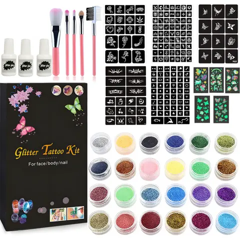 Temporary Glitter Tattoo Kit, 24 Glitter Colors Glitter Tattoo Kit, Glitter Design, With Unique Stencils,Glue,Brushes,Stickers, Glitter Tattoos, Adults,Boys Girls Birthday Party,Christmas gift
