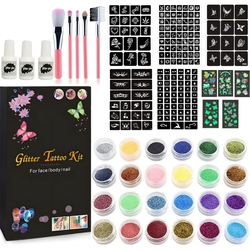 Temporary Glitter Tattoo Kit, 24 Glitter Colors Glitter Tattoo Kit,With Unique Stencils,Glue,Brushes,Stickers, Glitter Tattoos,Adults,Boys Girls Birthday Party,Christmas gift, Shimmering Body Glitter, Glitter Design
