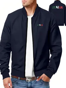 Men's Regular Fit Italy Flag Print Zip Up Jacket, Casual Fashion Jacket, Casual Long Sleeve Baseball Collar Outerwear for Fall & Winter, Men's Clothes for Daily Wear, Coats
