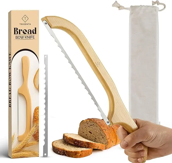 Wooden Bread Bow Knife, 15.7'' Serrated Bread Knife for Homemade Bread with Reliable 1 Extra Blade, Sourdough Slicer and Reusable Bread Bags Set - Gift for Baker