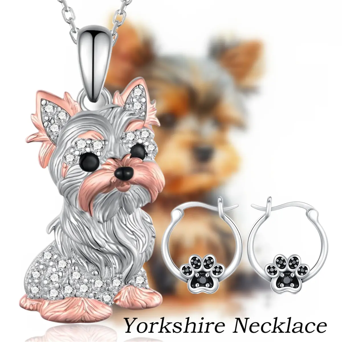 3 Pcs/Set Cute Yorkie Dog Paw Sparkling Alloy Pendant Necklace & Earrings Jewelry Set - Elegant Pet Lover Gift For Birthday, Christmas, Music Festival, Themed Party |   Adorable Canine Inspired Accessories