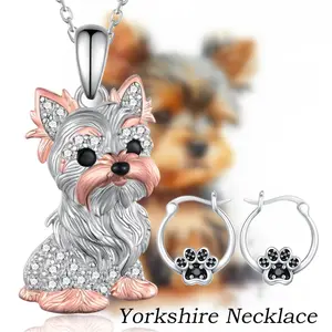 3 Pcs/Set Cute Yorkie Dog Paw Sparkling Alloy Pendant Necklace & Earrings Jewelry Set - Elegant Pet Lover Gift For Birthday, Christmas, Music Festival, Themed Party |   Adorable Canine Inspired Accessories