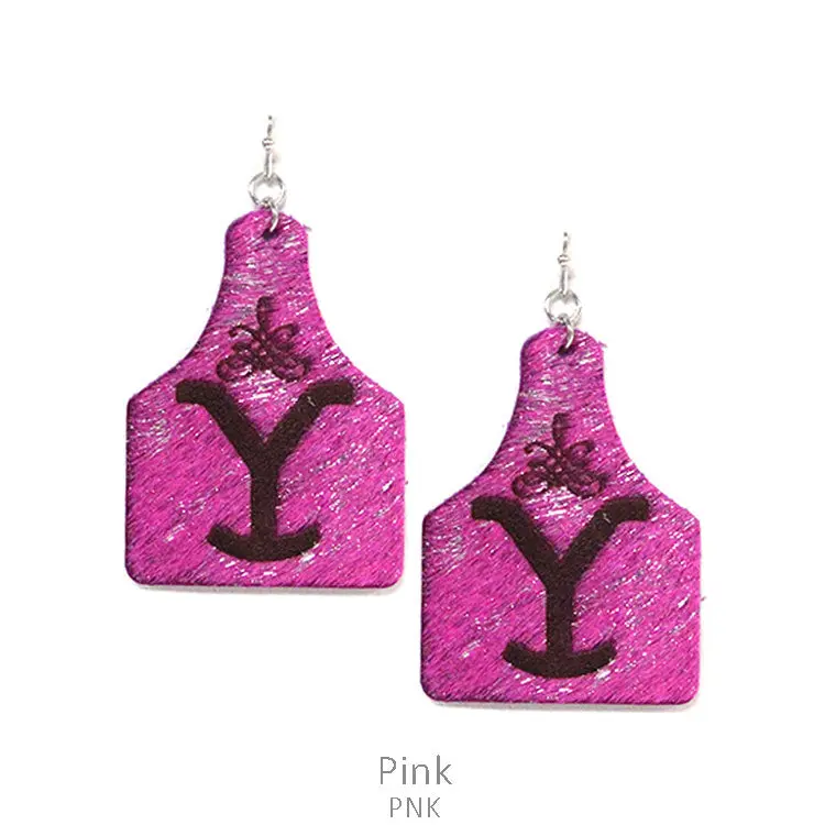 Yellowstone Leather Cow Tag Earrings-Pink