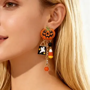 Halloween earrings series oil dripping pumpkin ghost black and orange twisted earrings for women niche design