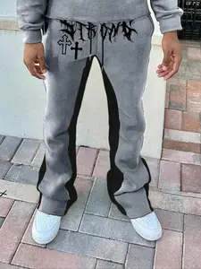 Men's Cross & Letter Print Drawstring Waist Flare Leg Pants, Street Casual Pocket Bell Bottom Trousers for Fall & Winter, Men's Bottoms for Daily Wear, Casual Fashion Trousers