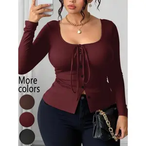 【Plus Size】1 Piece Women's Square Neck Tie-Front Knit Long Sleeve Top, TikTok Viral "Quiet Luxury Feminine" & "Effortless Street Style", Stretchy Knit Fabric & Cinched Waist Detail, For Curvy Fashion Women, Perfect for Casual Outings, Date Nights