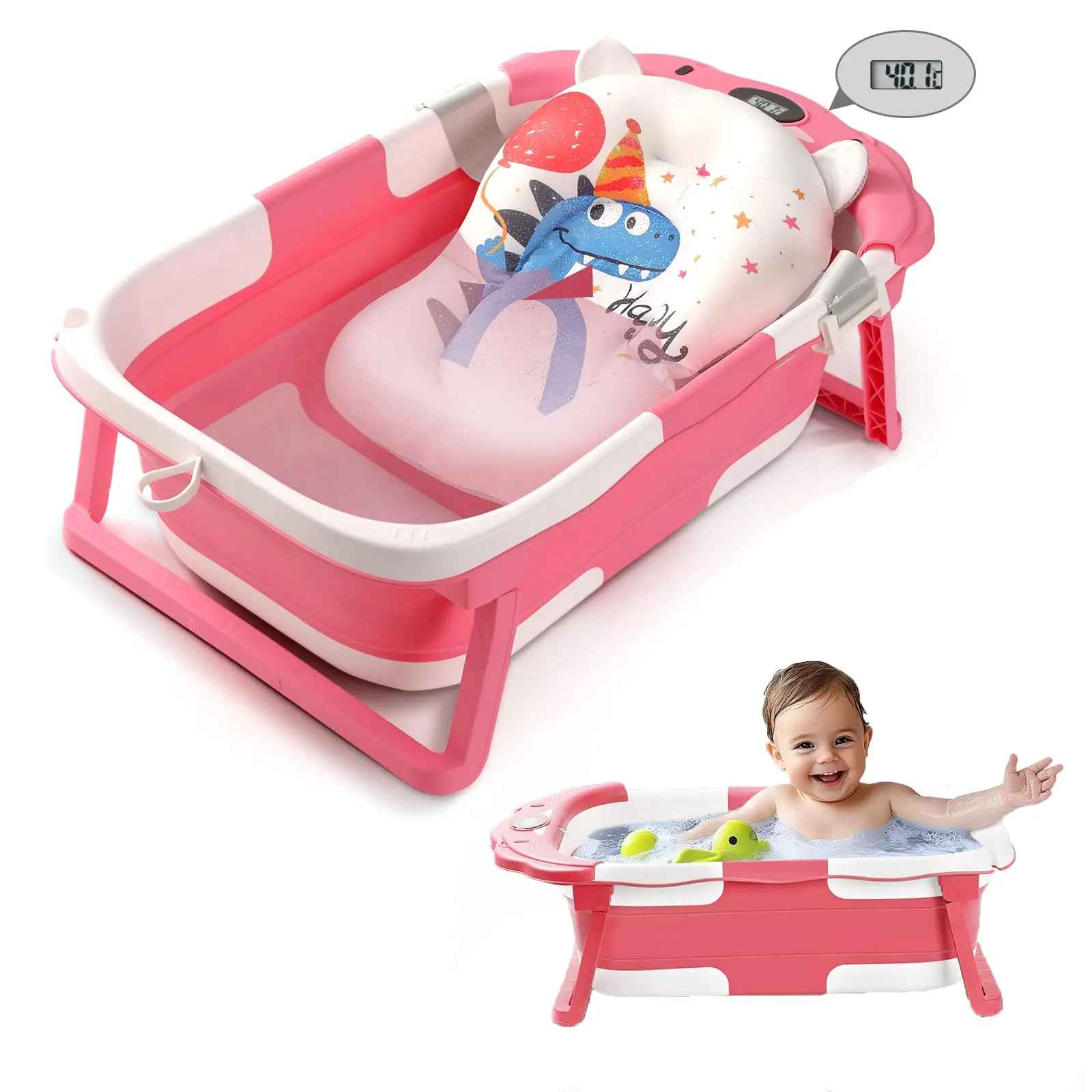 Newborn Collapsible Bathtub: Soft Cushioned Infant Tub with Thermometer, Travel-Friendly Design & Anti-Slip Feet Great Baby Shower Present