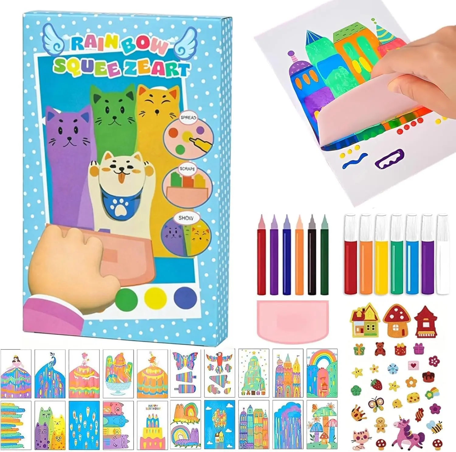 Magic Rainbow Scratch Art Set – Creative DIY Squeegee Painting Kit | Scratch Postcards Craft Gift for Kids & Teens | Color Reveal Art Activity for Party, Birthday & Festival (Set A)