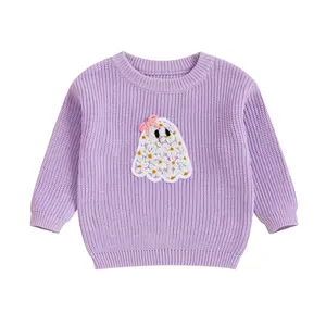 REDWOON Toddler Baby Girl Halloween Sweater Long Sleeve Ghost Embroidery Knit Pullover Infant Halloween Clothes
