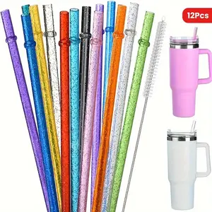 12-Pack Colorful Reusable Straws with Cleaning Brush, Durable PP Material, 9 Inch & 12.4 Inch, Perfect for Stanley Cups, Water Bottles, Parties, Drinking Straw