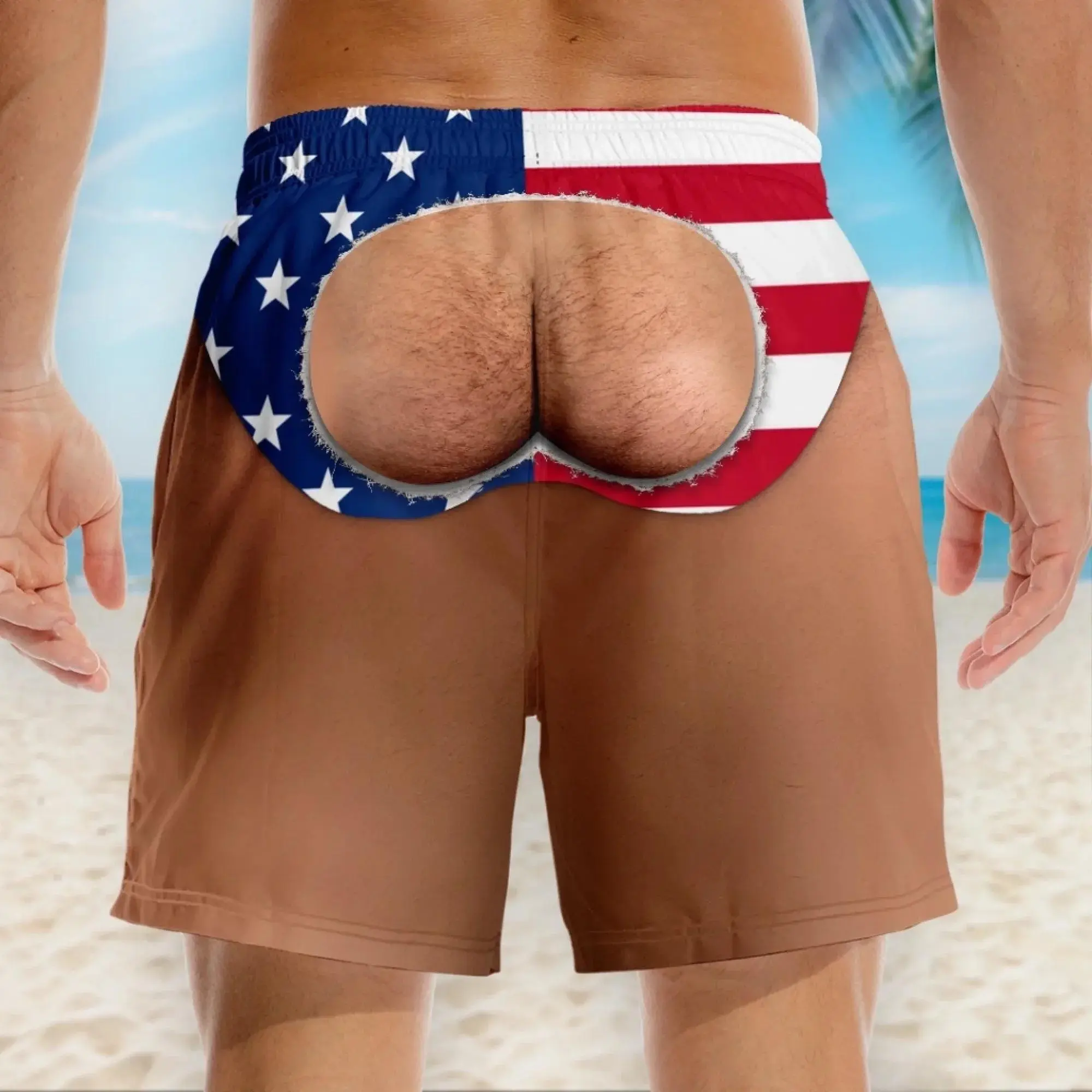 Funny Butt Swim Trunks for Men, Custom Fake Underwear Beach Shorts, Funny Shorts