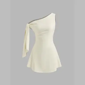 Cider Asymmetrical Neck Knotted Mini Dress