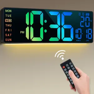 16.5" Large Digital Alarm Wall Clock with Temperature Large Digital Wall Mount Clock, Count Down Timer, Alarm, Big LED, 11 RGB Color, DST, Temperature for Living Room Classroom Desk, Xmas, Birthday Gift for Senior Mom Dad