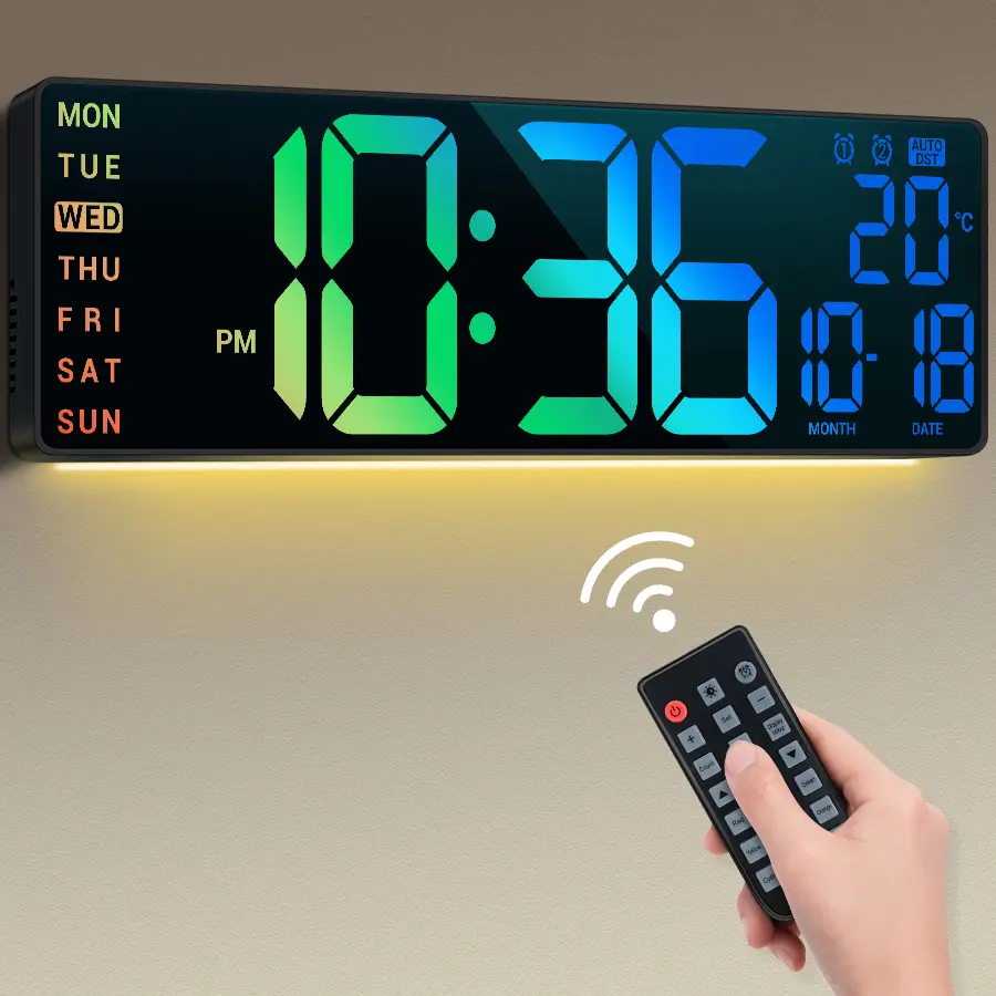16.5in Large LED Display Wall Clock - ABS Build, 11 RGB Displays, Temperature Monitor, Countdown Timer, Alarm, DST Function, Home Living Room Decor for Decorating, Ideal Gift for Seniors, Led Display Clock