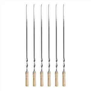 6Pcs 55cm BBQ Skewers Long Handle Shish Kebab Barbecue Grill Stick Wood BBQ Fork Stainless Steel Outdoors Grill Needle