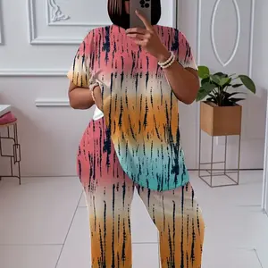 Plus Size Colorblocked Tie-Dye Printed Two Piece Set, Round Neck Short Sleeve Top and Straight Leg Pant Suit, Women's Plus Size Clothing
