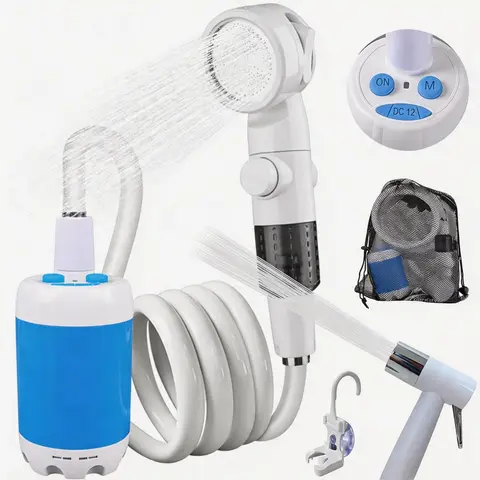 Ann Katy Rechargeable Portable Shower Head - Camping Equipment, Portable Showers with Foldable Bucket, Compact Water Pump, Universal Hook, Hose for Customizable Use (Camping, Hiking, Pet Bathing, Car Washing)
