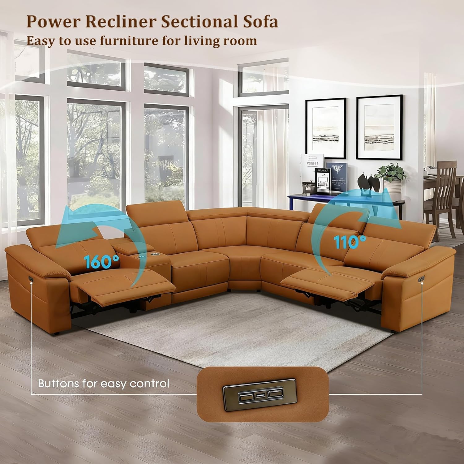  Power Recliner Sectional Couch, Breathing Leather Living Room Furniture Set, Reclining Corner Sectional Sofa with Storage Console/Cup Holders for Home/Office