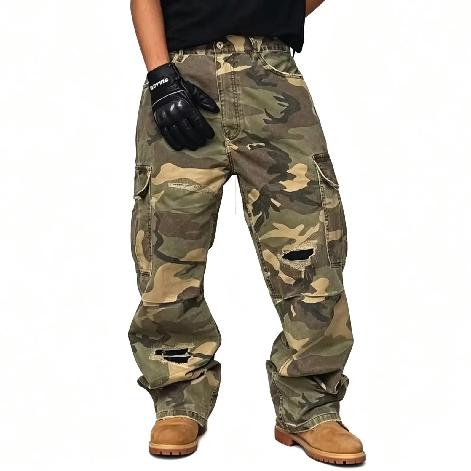 Men’s vintage camo distressed ripped wide-leg cargo pants, baggy stacked streetwear