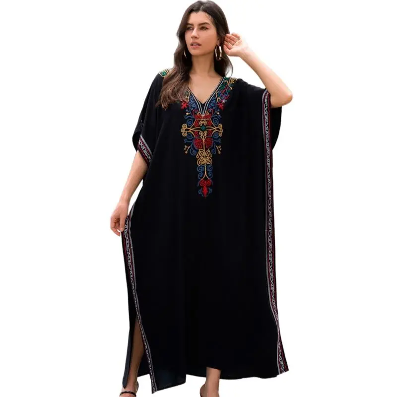 Fashion Caftan Maxi Dress for Women, Boho Ethnic Print Rayon Gown with Deep V-Neck, Plus Size Holiday Beach Cover Up, Kaftan Style, Fashion Dress Caftan, Durable, Cold Wash
