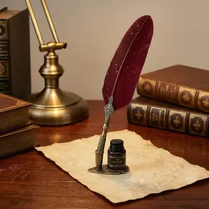 Feather Decor Dip Pen with 1 Black Ink & 2 Replacement Nibs, 1 Set Vintage Multipurpose Writing Tool for Calligraphy & Art, Smooth Writing Pen