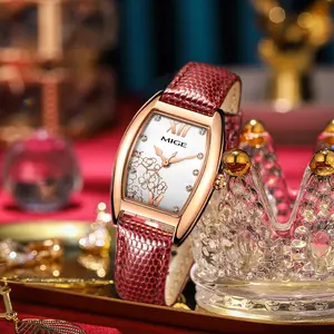 MIGE Women's Quartz Watch | Red & White Leather Straps, Floral Dial with Crystal Accents, Rose Gold Case | Elegant & Versatile Timepiece for Ladies fully automatic waterproof quartz watch