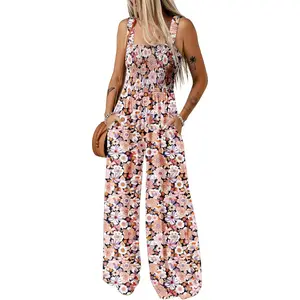 Women's Casual Loose Overalls Jumpsuits One Piece Sleeveless Printed Wide Leg Long Pant Rompers With Pockets