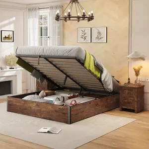 VanAcc Lift Up Storage Bed, Farmhouse Bed Frame with Storage Underneath, Wooden Platform Bed Frame, Solid Wood Slats Support, No Fixed Headboard, No Box Spring Needed