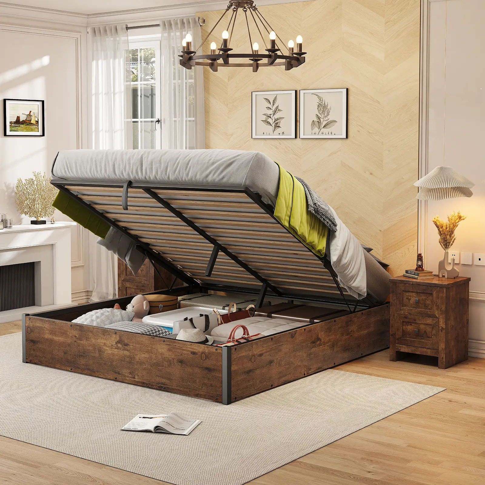 [TikTokShopfalldealsforyou] AMERLIFE Lift Up Storage Bed, Full Bed Frame with Storage Underneath, Wooden Platform Bed Frame, Solid Wood Slats Support,