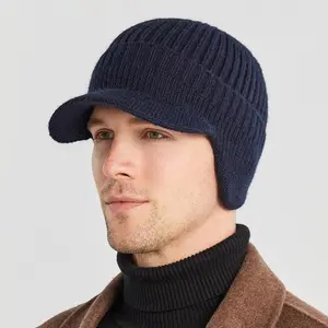 Men Winter Visor Brim Earflap Beanie Hat Knitted Thicken Plush Lined Skull Cap Ear Warmer Cover for Head Earflap Cap