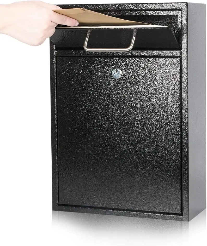 Steel Key Lock Mail Boxes Outdoor, Locking Wall Mount Mailbox,  Lock Drop Box, Collection Boxes,16.2H x 11.22L x 4.72W Inches, Black X Large