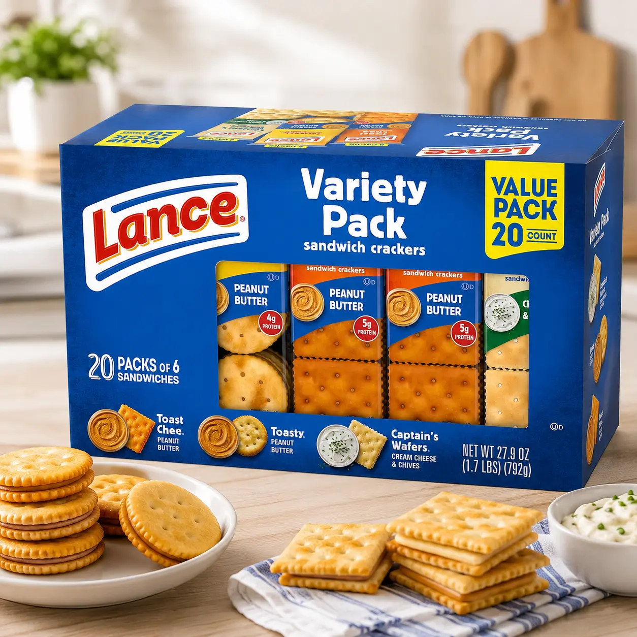 Lance Sandwich Cracker Snack Variety Pack - 3 Flavors, 20 Individually Wrapped Packs, 6 Sandwiches Each