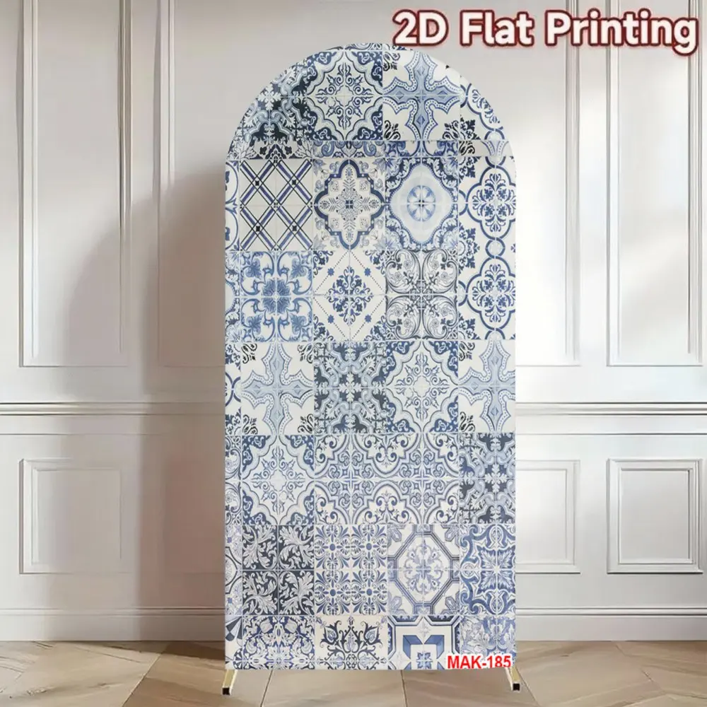Blue and White Portuguese Tiles Arch Wall Backdrop Cover Kids Birthday Party Wedding Baby Shower Decor 2-sided Background