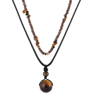Layered Boho Beaded Necklace for Women Earthy Coconut Shell Wooden Tigers Eye Beads Necklace Summer Beach Hawaiian Surfer Choker Necklace for Men