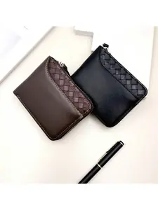 Men's Short Accordion Zip Wallet with Zipper Closure, Casual Textured Design, Compact Coin Purse, Stylish Patchwork Style, Perfect Gift Idea