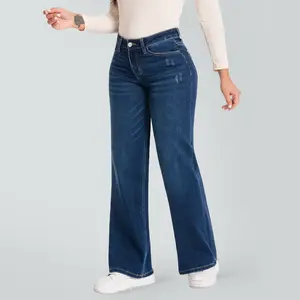 Vogatiques | Magic Mid-low Waist Stretchy Wide Leg Jeans Pocket Distressing BBL 8001 | ONESO