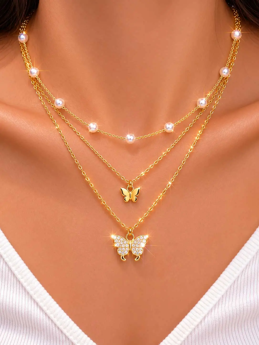 3 Layer Butterfly Necklace for Women, Gold Tone & Silver Tone Pearl Beaded Chain Necklace, Double Butterfly Rhinestone Pendant Jewelry, Elegant Layered Necklace With Gift Box, Party Everyday Birthday Gift