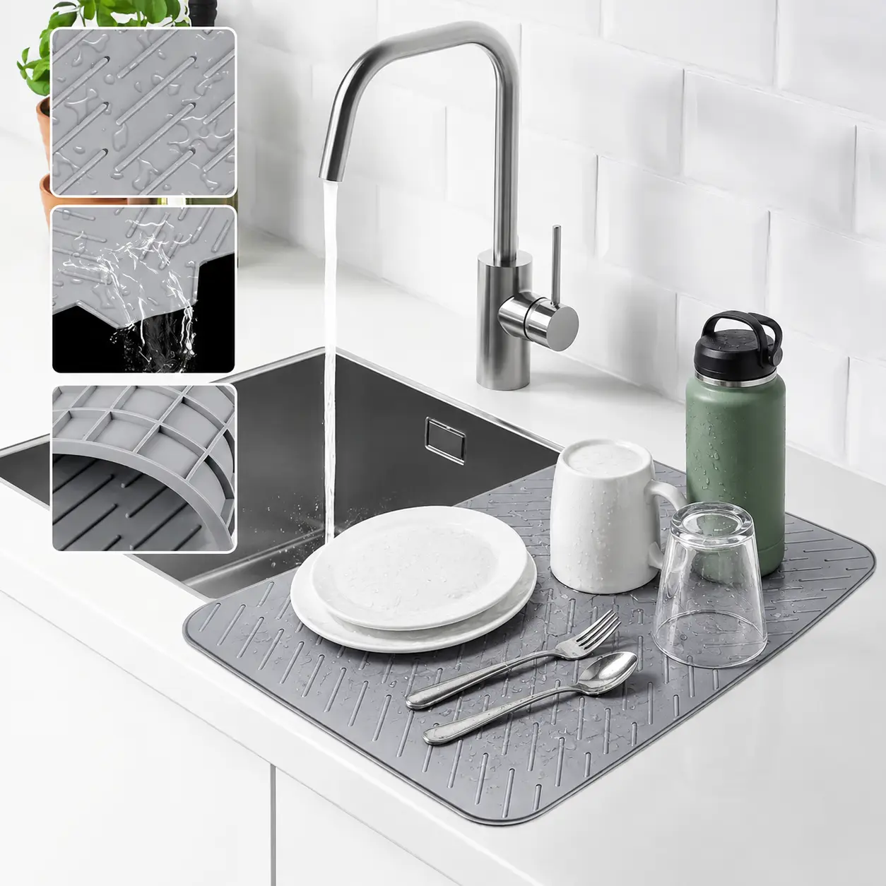Silicone Large Size Dish Drying Mat with Built-in Drain Lip Dish Drainer Mats for Kitchen Counter Easy-Clean High Temperature Resistance Coaster, Perfect Gift for Valentine's Day Father's Day Mother's Day Anniversary Birthday