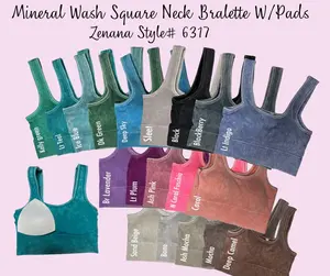 Ribbed Square Neck Mineral Washed Bralette Crop Top with pads 6317 by Zenana, Stretchy Comfy Womenswear Brami