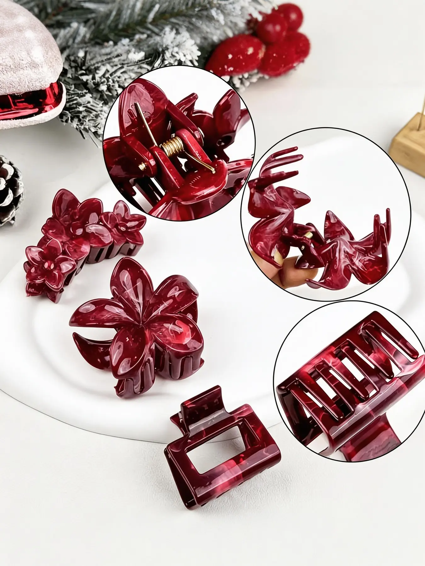 5 Piece Wine Flower Hair Clips Set French Vintage Style Suitable for Daily Commute Wedding Hairstyles Gift for Holidays