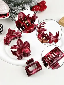 5 Piece Wine Flower Hair Clips Set French Vintage Style Suitable for Daily Commute Wedding Hairstyles Gift for Holidays
