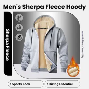 Men's Sherpa Fleece Hoody - Classic Hooded Warmth Jacket, 100% Polyester, Solid Color, Long Sleeve, Lightly Stretchable, Regular Fit, Ideal for Spring Autumn, Hiking & Outdoor Activities Casual Streetwear Sweatshirt men's clothing jackets