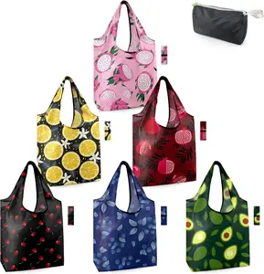 Fruit Blueberry Avocado Reusable Grocery Bags Bulk 6 Pack 50LBS X-Large Foldable-Machine Washable Heavy Duty with Pomegranate, Orange, Cherry, Dragon Fruit Designs