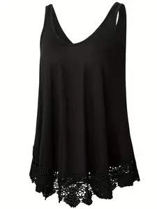 [Plus Size] Solid Color Lace Trim Loose Tank Dress, Casual Sleeveless Elegance Aesthetic Dress for Party Holiday Vacation, Women's Clothes for Spring & Fall, Casual Wear, Summer