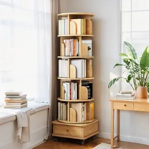 360° Rotating Bookshelf - Round Spinning Display Shelf with Drawer & Lockable Wheels, Space-Saving Wood-Color Organizer for Home/Office/Bedroom