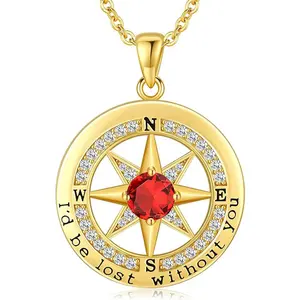 Personalized 12 Birthstone Compass Necklace | 925 Sterling Silver with Gold/Rose Gold/White Gold Plating + Zircon, Birth Month Jewelry for Women, Ideal Birthday Gift