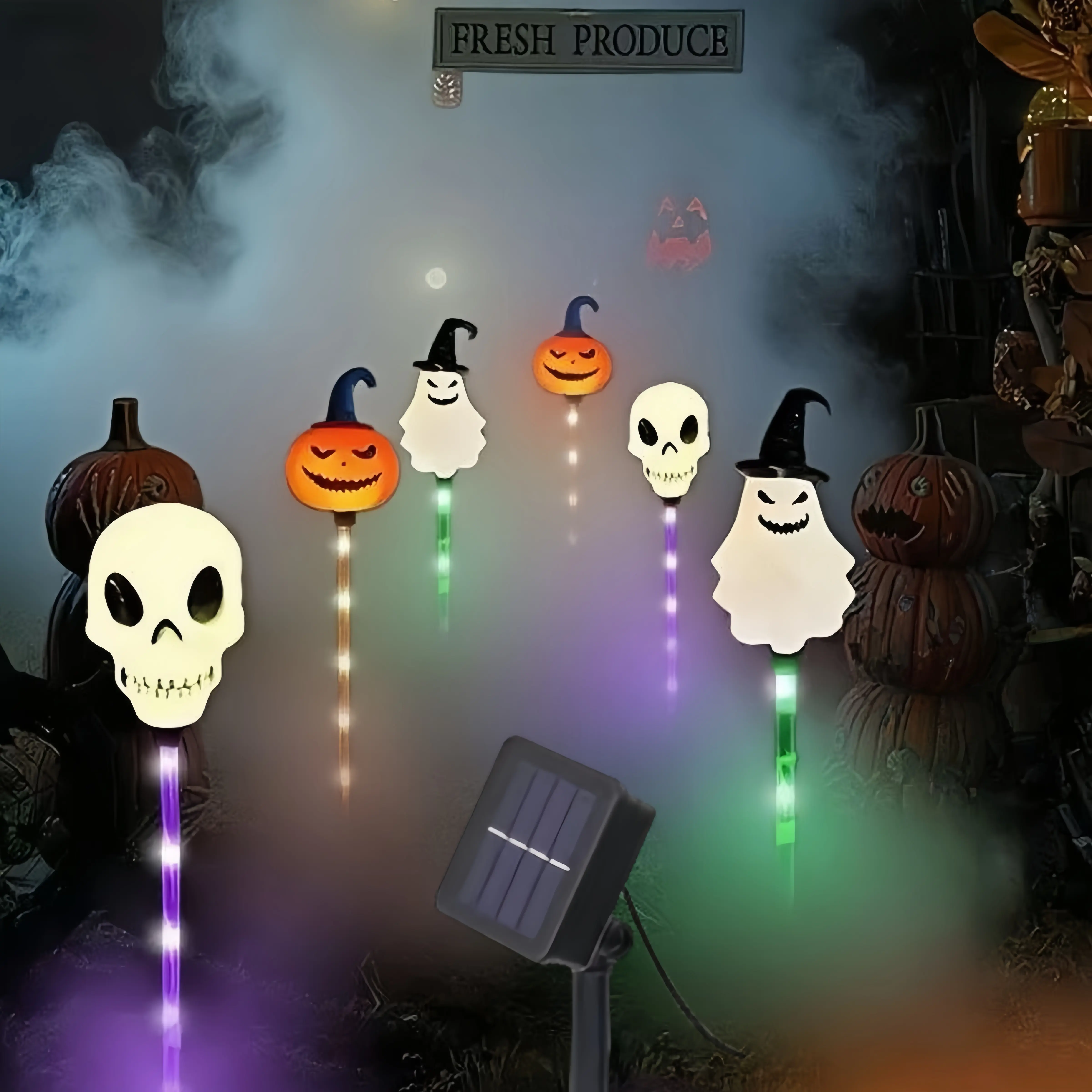 Pack of 6, Halloween Solar Garden Lights, Pumpkin, Skeleton, Ghost Ground Plug Solar LED Lights, Garden, Porch Decorative Lights, Suitable for Christmas, Halloween Party Decoration Illuminated Lantern Set