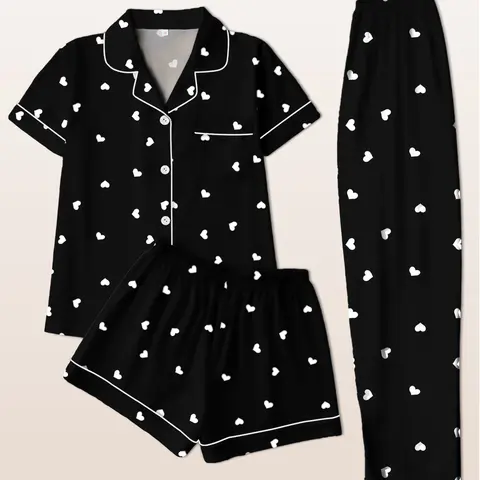 Women's Sleepwear Set, Short-Sleeve Lapel Button Top with Shorts and Pants, Heart Print, Casual Fitted Loungewear for All Seasons, Printed Sleepwear Set