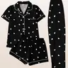 Women's Sleepwear Set, Short-Sleeve Lapel Button Top with Shorts and Pants, Heart Print, Casual Fitted Loungewear for All Seasons, Printed Sleepwear Set